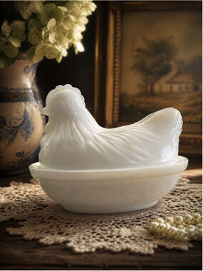 Vintage Milk Glass Hen on Nest Covered Dish Cottagecore Farmhouse Grandmacore